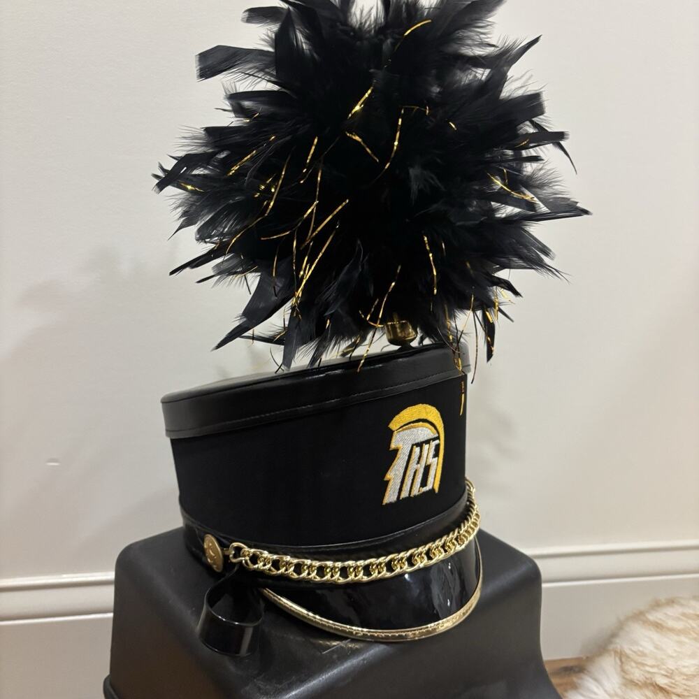 Vtg Scoop Top Marching Band Drumline Hat w/ PLUME Black Gold Fruhauf Shako THS